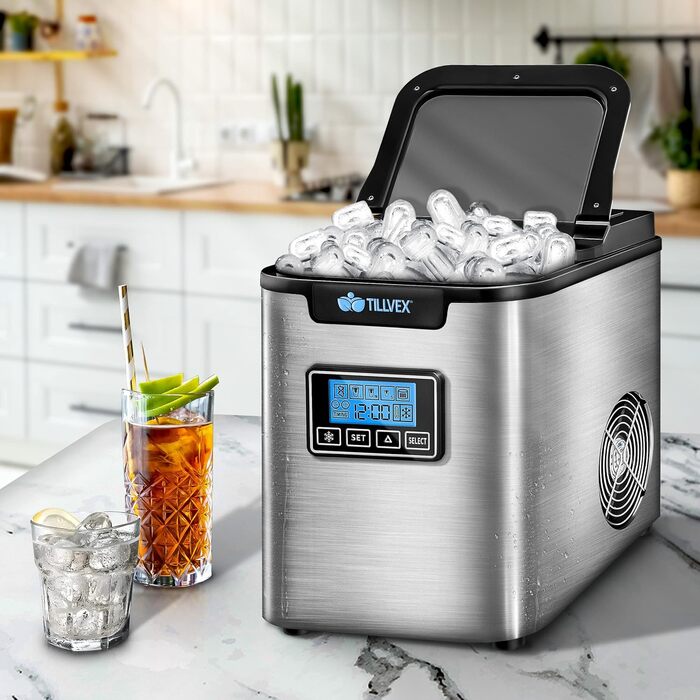 tillvex Ice Maker Stainless Steel 12 kg - 24 h | Ice Cube Maker with Timer and 2.2 Liter Water Tank | Ice-Maker LCD Display & Self-Cleaning Function | 3 Ice Cube Sizes (Silver)