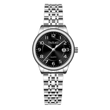 Жіночий годинник з арабськими цифрами, маленьке циферблат, Easy Read, з датою, з нержавіючої сталі, водонепроникний, сріблястий браслет, чорний циферблат (L8863G)