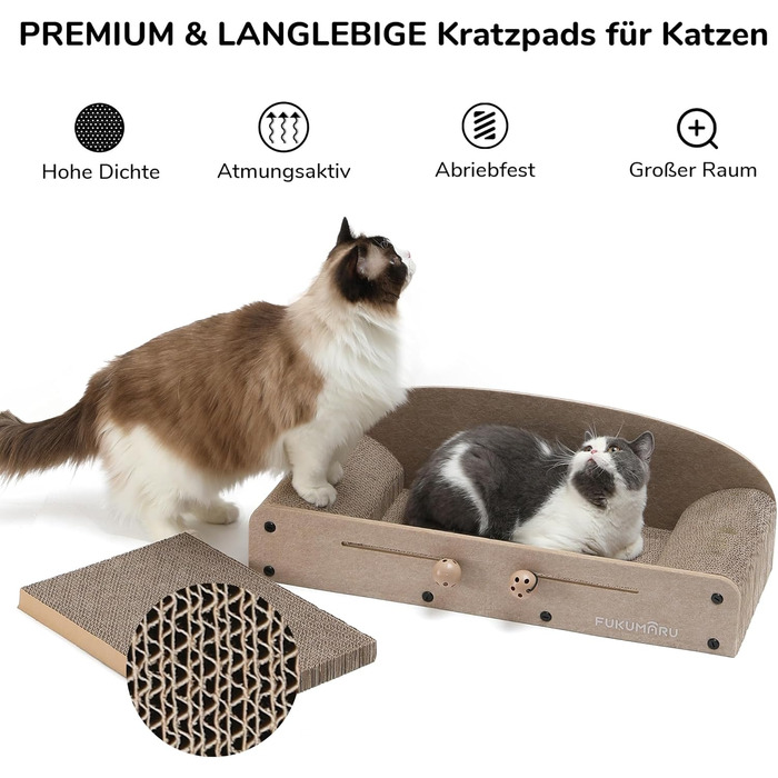 Cat Scratch Board, 66CM Durable Scratch Cardboard and Felt, Large Lounger, 2 Reversible Cat Scratch Pads for Cats, Recyclable Cardboard Cat Bed with Bell Ball Toy, Caramel Color (Large Format Beige)
