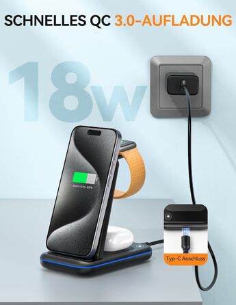 TECKNET Бездротова зарядка 3 в 1, Складна індукційна станція, Швидка зарядка для iPhone 17/16/15/14/13/12/11/Pro Max, Apple Watch Ultra/11-3/SE, AirPods Pro 3-2/4-2, Чорний