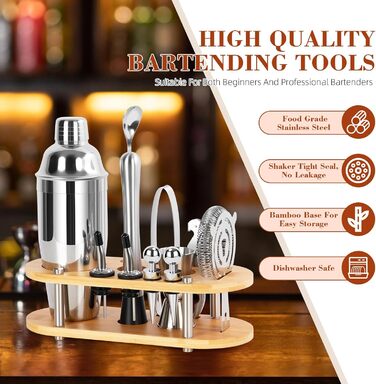 Набір для коктейлів FoiiLiio 12 шт. з шейкером 750 мл та аксесуарами для бару, нержавіюча сталь, з бамбуковим підставкою для дому, SHAKER-12P