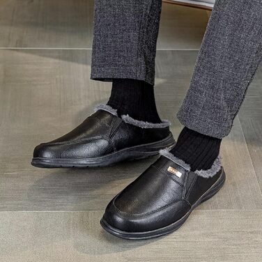 Чоловічі халапи шкіряні зимові теплі з плюшевою підкладкою, чорні, 40 EU