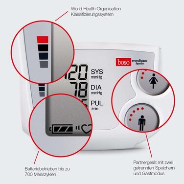 Тонометр Boso Medicus Family з 2 пам'ятними місцями, великим дисплеєм та визначенням аритмії – універсальна манжета (22–42см)