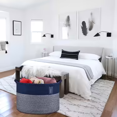 COMSE Extra Large Ceiling Basket, Woven Laundry Basket, 55 x 35 cm, Kids' Room, Cotton Rope, Laundry Basket, Living Room, for Storing Toys, Clothes, Towels, Black/Gray (Navy Blue)