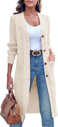 Жіноча в'язана жилетка Imily Bela з відкритим передом, довгим рукавом, візерунком коси та кишенями. Ідеальна на осінь-зиму. XL, бежевий колір