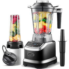 AMZCHEF Mixer Smoothie Maker - 2000W Blender - High-Performance Mixer with LED Timer - 6 Professional 3D Blades - 22000 RPM Stand Mixer - 1.85 Liter Bottle and 600ml Portable Bottle 2000W Black