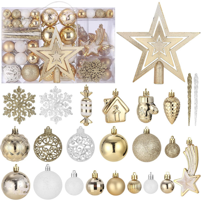 121 шт. прикрас для ялинки золотого та білого кольору, набір, пластик, зірка на верхівку, декор для ялинки, Новий рік, свята