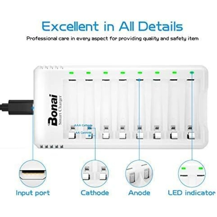 Зарядний пристрій BONAI для акумуляторів AA/AAA NI-MH з LED-дисплеєм та USB-зарядкою, 8 слотів