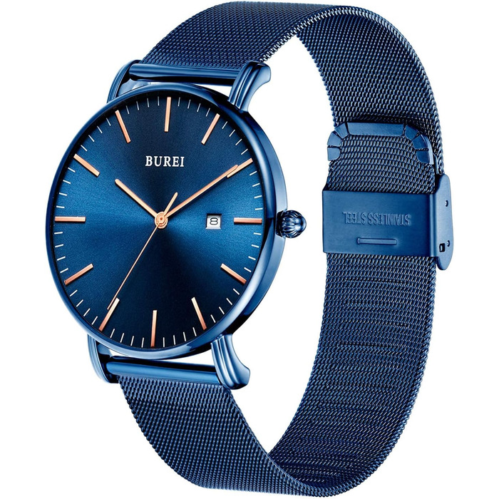 Годинник чоловічий BUREI Ultra тонкий аналоговий з датою, кварцовий механізм (Blue Sun Gold, нержавіюча сталь)