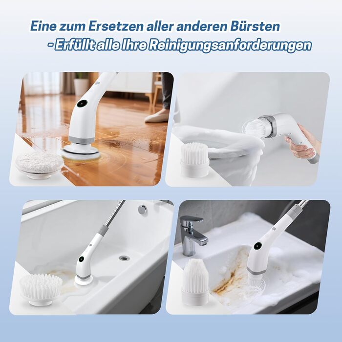 Електрична щітка для прибирання ванної кімнати, 7 в 1, з набором насадок, LED-дисплей, регульована ручка, IPX7, білий