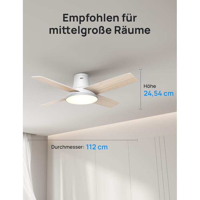 Вентилятор стельовий Dreo з підсвічуванням та пультом, 112 см, чорний, 5 лопатей, 6 рівнів регулювання яскравості, 6 швидкостей, тихий, таймер, легка збірка, для спальні