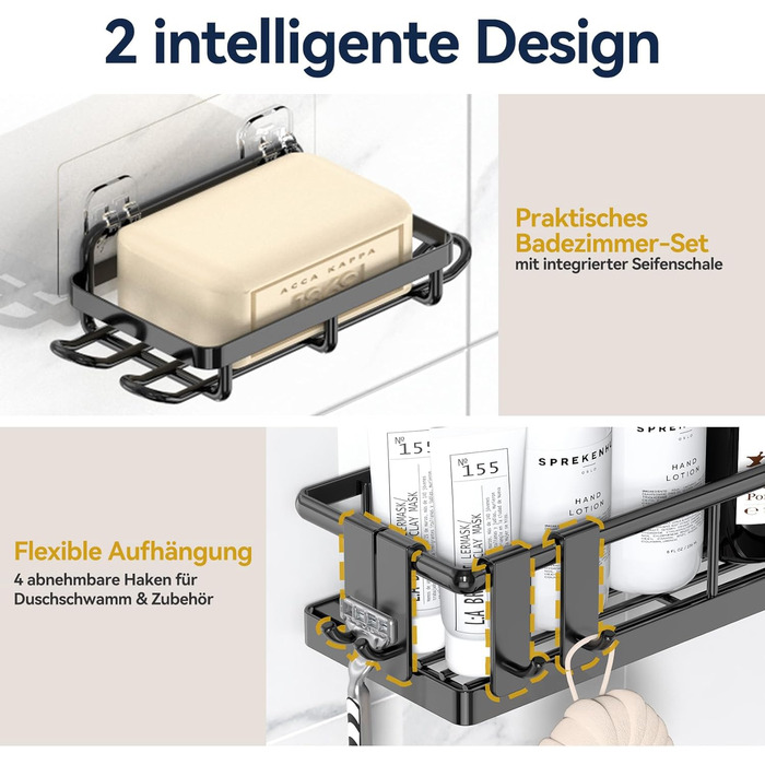 Поличка для душу YASONIC без свердління з мильницею - Органайзер для ванної кімнати з нержавіючої сталі, швидковисихаюча поличка для душу, тримач для шампуню, 3 шт. чорного кольору