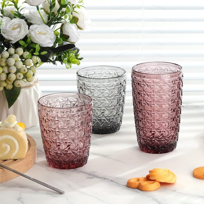 Joeyan 300ml Rosa Wassergläser Vintage, Colored Drinking Glasses with Embossed Design, Colored Glasses Set of 6, Dishwasher Safe