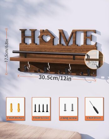 Дерев'яна полиця для ключів SWTYMIKI з 7 гачками - органайзер настінний, ключниця з полицею, браун