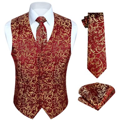 Костюм чоловічий HISDERN: жилет, краватка, кишеньковий хустинка з візерунком павазочок, бургунді XXL