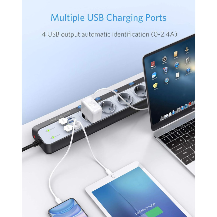 BESTEK Розподільник розеток 6-fach з USB, захист від перенапруги 900 Дж, настінний, з вимикачем, синьо-білий, кабель 3 м