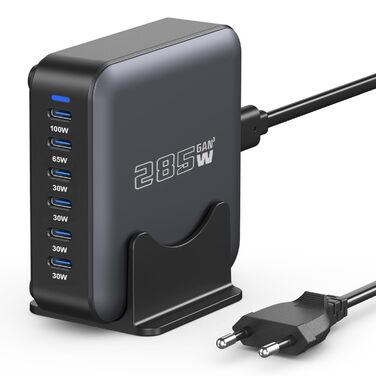 Зарядний пристрій USB-C GaN 285W, 6 портів: Швидка зарядка PD+QC для ноутбуків, MacBook, iPhone 16, Galaxy S23 та інших