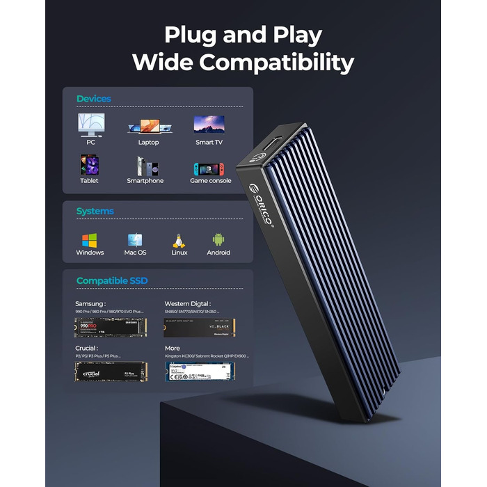 Зовнішній корпус-адаптер ORICO M.2 NVMe SSD USB-C 3.2 Gen2 10Gbps для PCIe NVMe M-Key/M+B Key (2230/2242/2260/2280), підтримка UASP, M-2PV