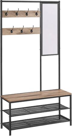 VASAGLE Coat Rack, Wardrobe, Coat Stand with Hooks, Mirror, Bench, 35 x 98 x 180 cm, for Entryway, Bedroom, Living Room, Modern, Oak-White HSR415W09 (Camel Brown + Ink Black)