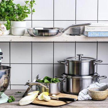 Набір сковорідок KitchenAid MultiPly з нержавіючої сталі з керованою антипригарним покриттям, 2 шт (20 см та 28 см), тришарова, для індукційних плит, термостійкі до 220°C, придатні для миття в посудомийній машині, срібного кольору