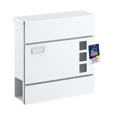 Поштова скринька BASI з м'яким закриттям, вікном для листівок та табличкою для імені | DIN A4 | 2 ключі | вбудований відсік для газет | Біла настінна поштова скринька