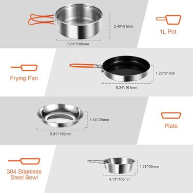 Набір посуду для кемпінгу Odoland з нержавіючої сталі 10 предметів: каструля, сковорода, тарілки, миски, виделки, ножі, ложки. Ідеально для пікніків, походів та кемпінгу.