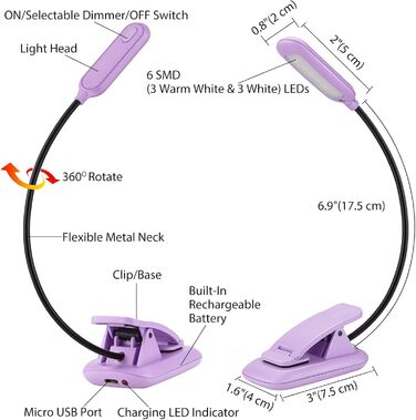 Ліхтарик для читання BIGMONAT з USB зарядкою, кліпсою, 6 LED, 3 режими світла, регульована яскравість, гнучкий на 360° фіолетовий