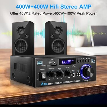 KKMOL AK45 Міні Hi-Fi стерео підсилювач Bluetooth, 400 Вт, 2-канальний, цифровий аудіо підсилювач з USB, SD, радіо, пультом, 12V/220V