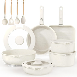 Набір посуду YASHE 21 предмет: каструлі та сковорідки з антипригарним покриттям, знімні ручки, скляні кришки, індукційне дно, термостійкий, білий
