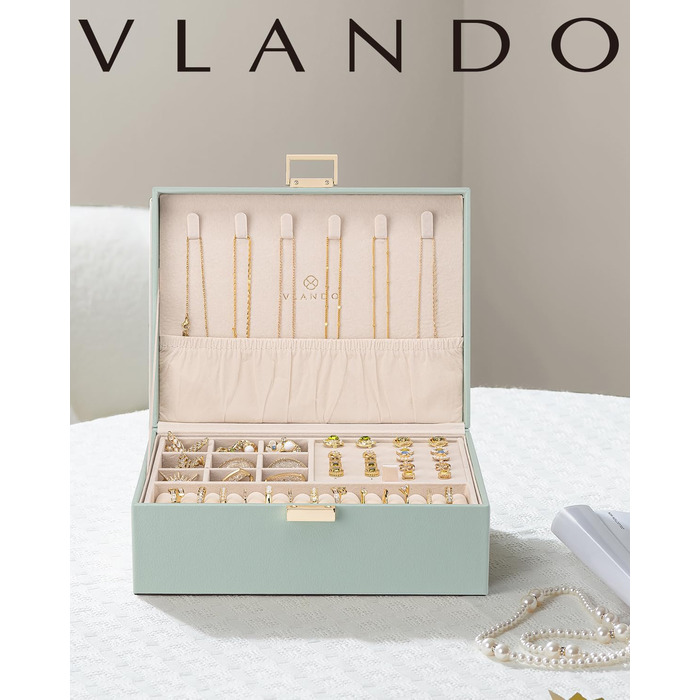 Шкатулка для прикрас Vlando, зелена, 2 яруси, для годинників, кілець, сережок, намист