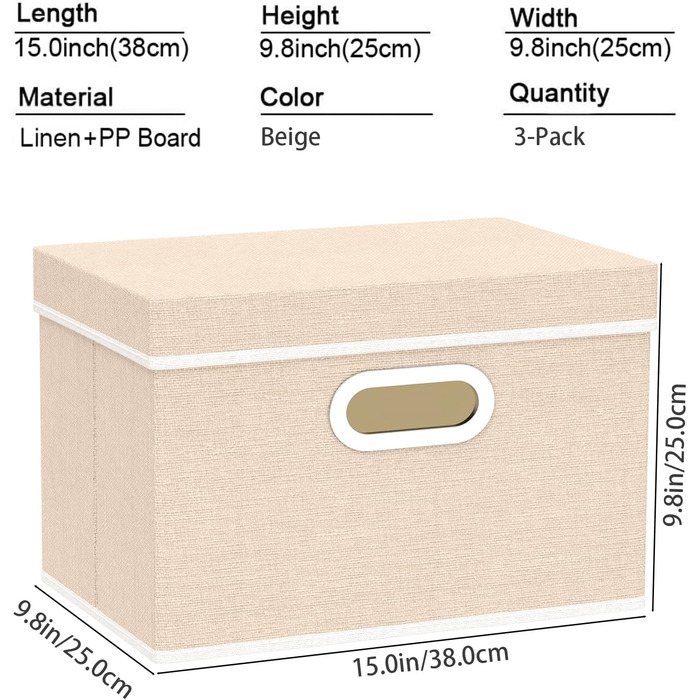 Yawinhe 3-Piece Storage Boxes with Lids, Foldable Fabric Box with Handles, Storage Boxes, for Bedroom, Clothes Storage, 32x23x20cm, SNK023G-3 (38x25x25cm/3-Pack, Beige)