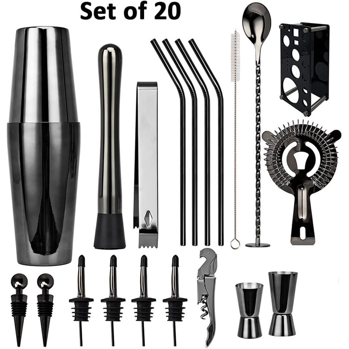 Набір для коктейлів Hansum, 20 предметів, нержавіюча сталь, чорний – професійний барменський набір зі стійкою