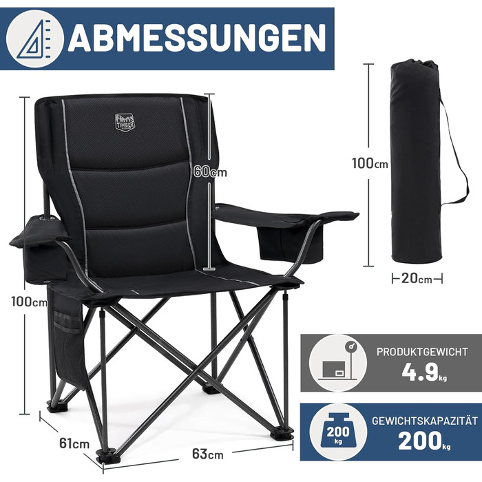 Кампінговий стілець розкладний Timber Ridge 2 шт, 200 кг, 63 см, з ізольованою сумкою-холодильником, чорний