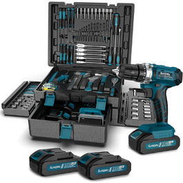 Набір інструментів Sundpey 255 шт. з акумуляторною дриль-шуруповертом 21V - Ящик для інструментів з шуруповертом, акумулятором 2 * 2000mAh, ящик з шухлядою для ремонту дому та автомобіля (Чорний)