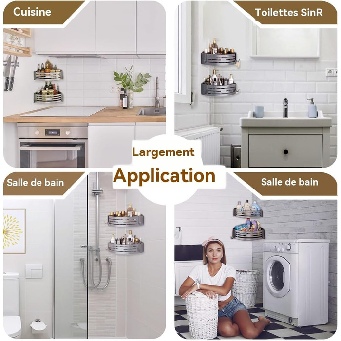 Поличка для душу без свердління - органайзер для ванної кімнати. Етажерка для душу та ванни з 4 гачками. Міцна алюмінієва поличка, водонепроникна з високим бортиком (Сірий)