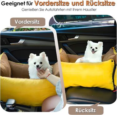 Portable Dog Car Seat for Small & Medium Dogs Under 15KG - Washable Travel Bed with Storage & Safety Belt (Green & Yellow)
