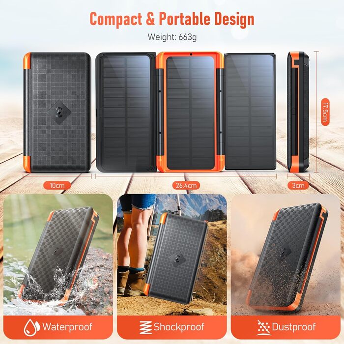 Портативний зарядний пристрій 63200mAh з сонячною панеллю: Power Bank з 3 сонячними панелями, 22.5W USB-C, швидка зарядка, SOS ліхтарик, цифровий дисплей, для кемпінгу, чорно-оранжевий