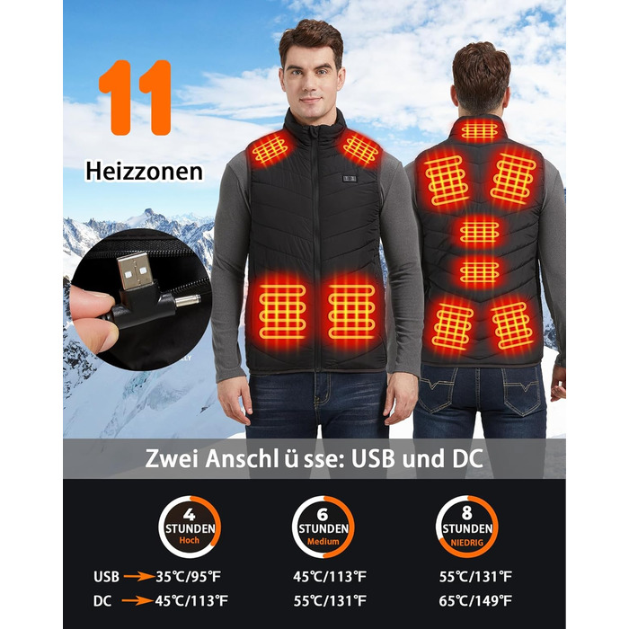 Обогревна жилетка для чоловіків: USB жилетка для активного відпочинку - 11 зон обігріву для мото, риболовлі, катання на лижах, бігу, гольфу, походів, верхової їзди (батарея не входить у комплект) Чорний XL