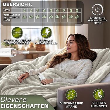 Sinnlein® Електрична гріюча ковдра з плюшу 200 x 180 см | 9 температурних режимів | Таймер | Зручна ковдра | Відключення за таймером | Можливість прання до 40°C | Digitalanzeige