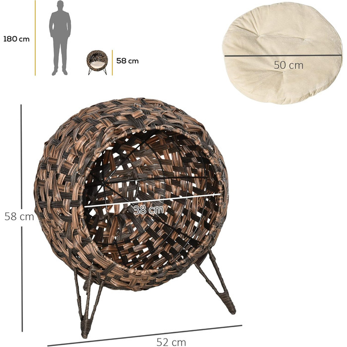 PawHut Rattan Cat House with Cushion, Cat Sleeping Place, Cat Cave with Raised Feet, Natural Ø52 x 58 cm (Brown)