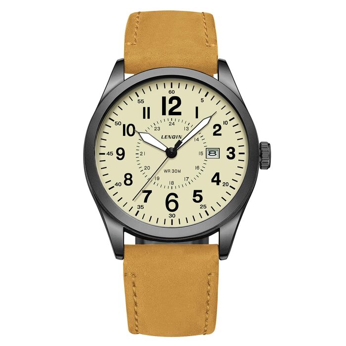 Годинник чоловічий LN LENQIN Military 30M водостійкий кварцовий годинник з датою на текстильному ремінці (світло-коричневий)