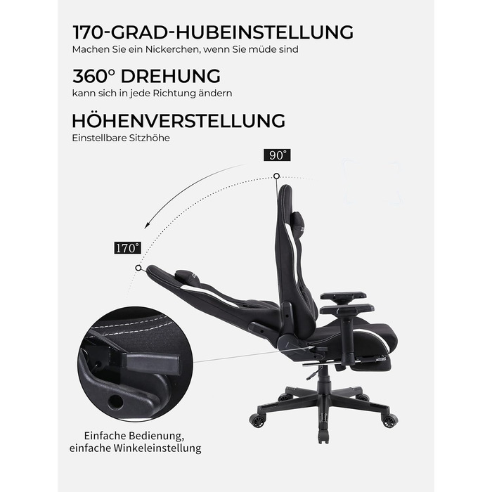 Ігровий крісло Dowinx з тканини - ергономічне крісло для офісу з функцією масажу, підголівником, поперековою подушкою та підставкою для ніг - чорно-біле