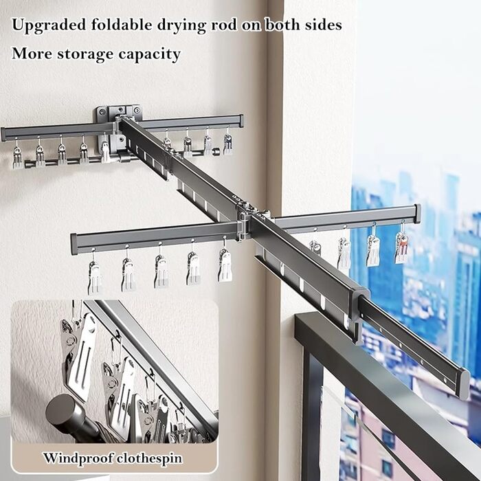 Настінна сушилка для білизни Hggzeg, розсувна, поворотна на 360°, з гачками, для балкона, ванної кімнати, пральні (свинцево-сірий)