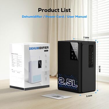 Електричний осушувач повітря, тихий, 2500 мл з LED дисплеєм, таймером та функцією відтавання, 7 кольорів підсвічування, для дому, спальні, ванної кімнати