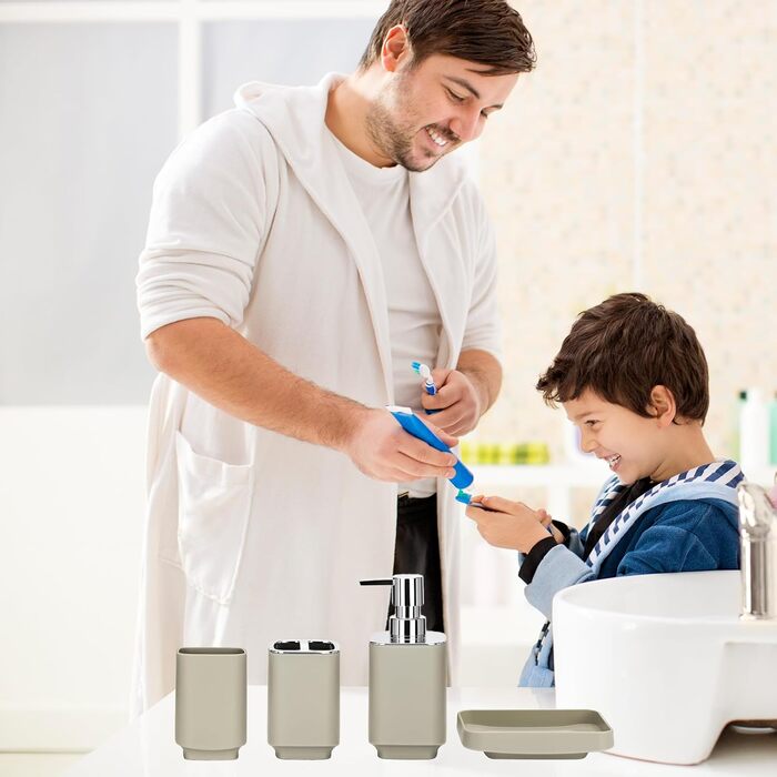 Сучасний набір для ванної кімнати на 6 предметів (білий) з дозатором для мила, тримачем для зубних щіток, мильничкою, щіткою для унітазу, сміттєвим відром та склянкою (кава)