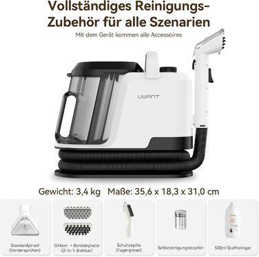 Пароочисник Uwant Y100 3-в-1 для диванів, килимів та авто. Потужність 1750W, 18KPA, з самоочищенням та 7 насадками. Гарантія 2 роки.