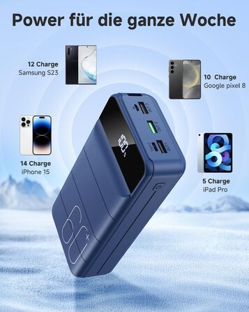 Power Bank 60000mAh 22,5W USB-C: Зовнішній акумулятор для смартфонів, планшетів, блакитний