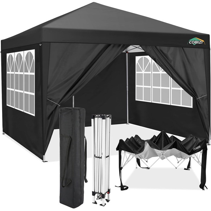 COBIZI Gazebo 3x3 Waterproof, Stable, Winter-Proof Party Tent 3x3 with 4 Side Walls, Pop-Up Folding Gazebo, UV Protection 50+, Garden Gazebo with Handbag, 8x Pegs and 4x Wind Rope, Black