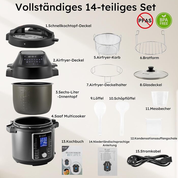 Мультиварка Saaf з Airfryer – 15-ти частинний набір, 24 програми – мультиварка, рисоварка, пароварка, сковорода-каструля – 6л – з корзиною, каструлею та кулінарною книгою – цифровий дисплей