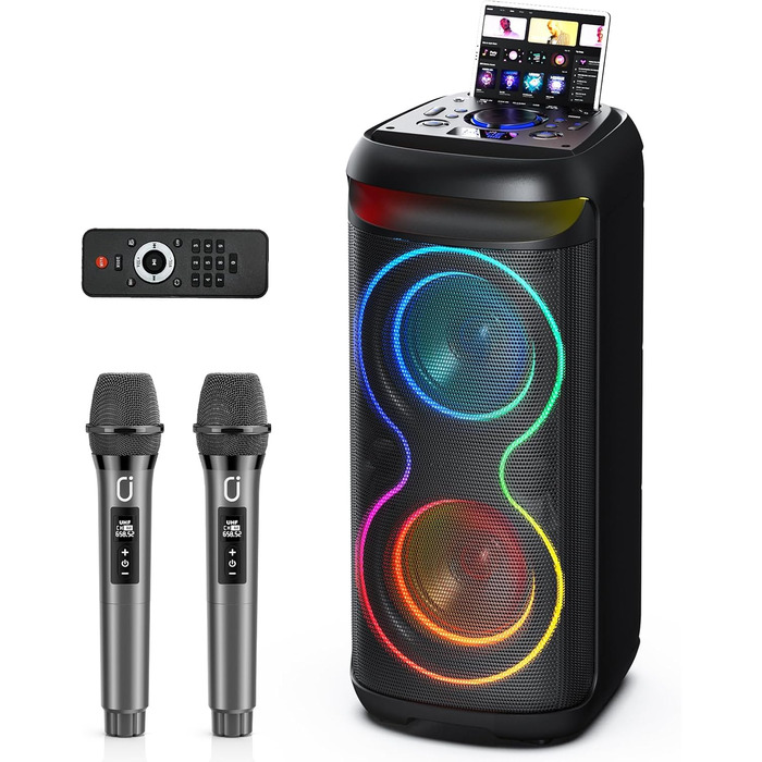 Караоке машина HWWR T20 з 2 мікрофонами, Bluetooth, RGB-підсвічуванням, TF/USB, AUX, Rec. Партійна колонка для дому та вечірок. Підтримка TWS.